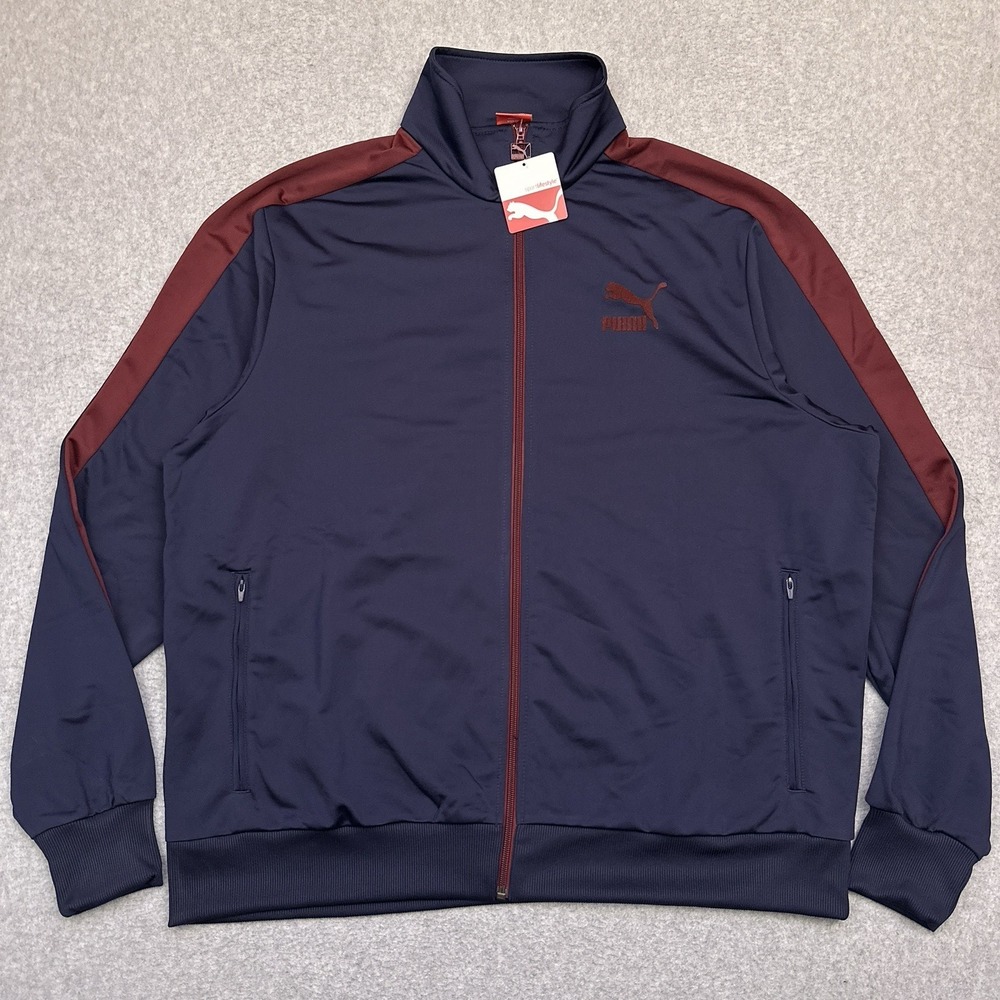 NEW Puma T7 Track Jacket Mens XXL Blue Maroon Full Zip Pockets Mock Neck Retro